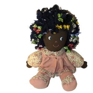 Vintage 1982 Dan Dee African American Black Cloth Doll Plush Colorful Bows